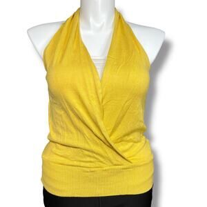 XOXO Womens Sweater Halter Top Sleeveless Faux Wrap Banded Hem Yellow Y2K Large